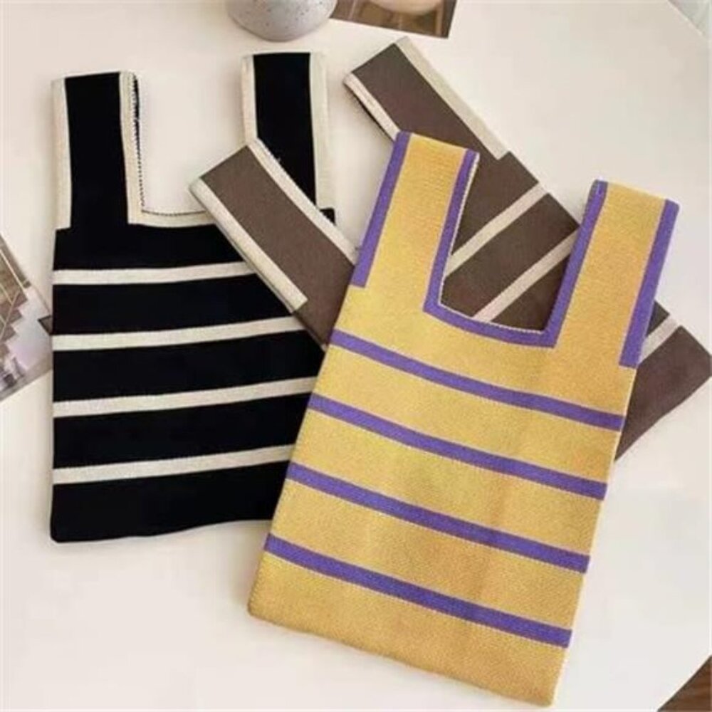 Striped Two Tone Knit Knot Mini Tote Bag - Picture 3 of 8